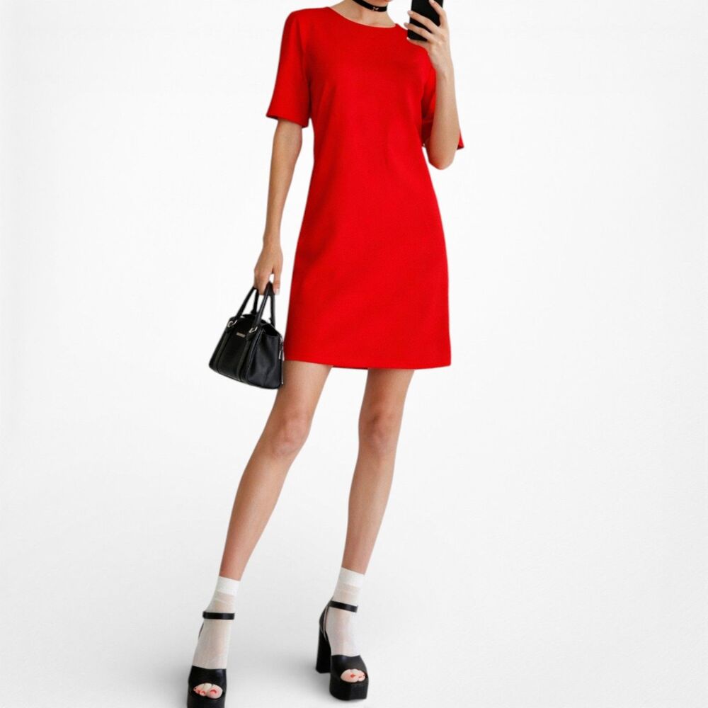 Vintage Y2K 90s Red Short Sleeve Knee Length Cocktail Shift Dress Size M